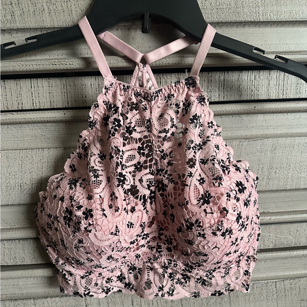 PINK Pink & Black Lace Padded Bralette Size L Adjustable Straps. Hooks closure